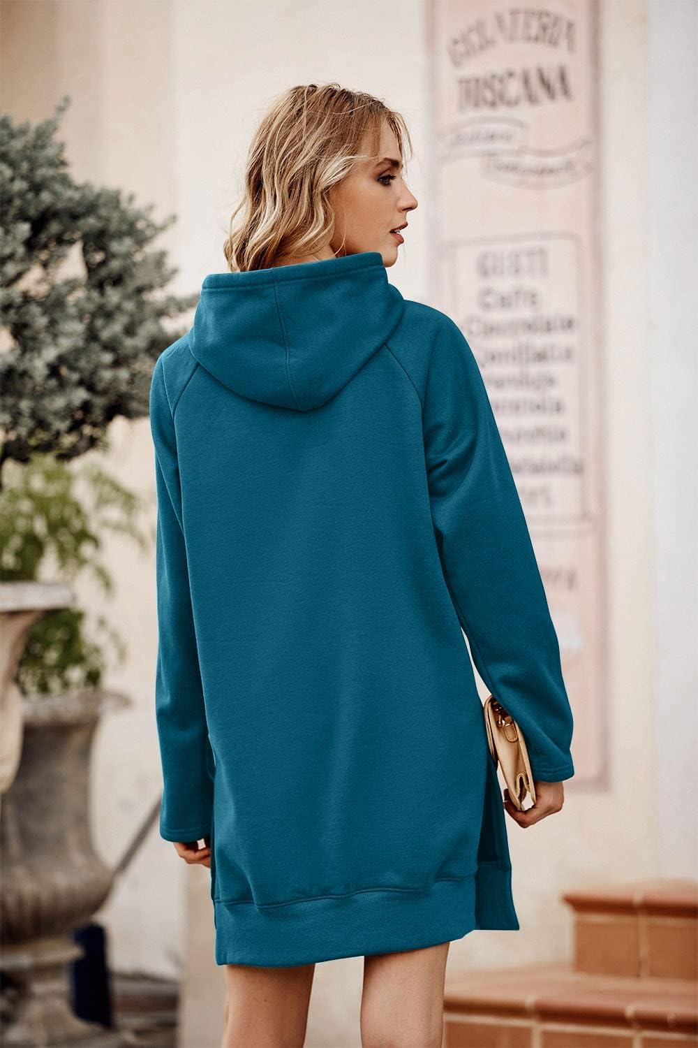 imagePRETTYGARDEN Oversized Sweatshirt for Women 2025 Fall Pullover Casual Long Sleeve Split Hem Hoodie Dress with Kangaroo PocketLake Blue