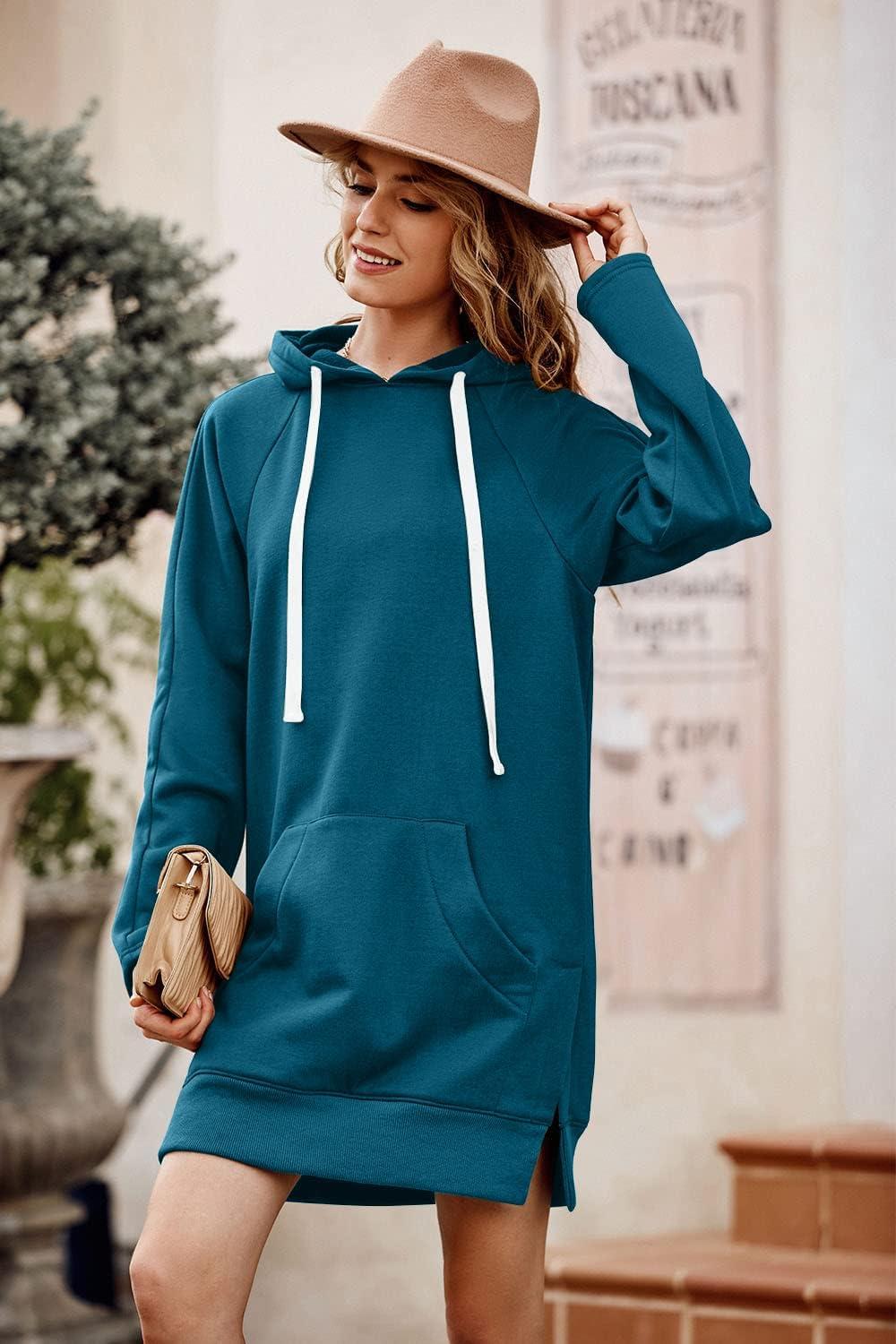 imagePRETTYGARDEN Oversized Sweatshirt for Women 2025 Fall Pullover Casual Long Sleeve Split Hem Hoodie Dress with Kangaroo PocketLake Blue