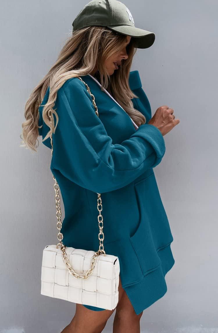 imagePRETTYGARDEN Oversized Sweatshirt for Women 2025 Fall Pullover Casual Long Sleeve Split Hem Hoodie Dress with Kangaroo PocketLake Blue