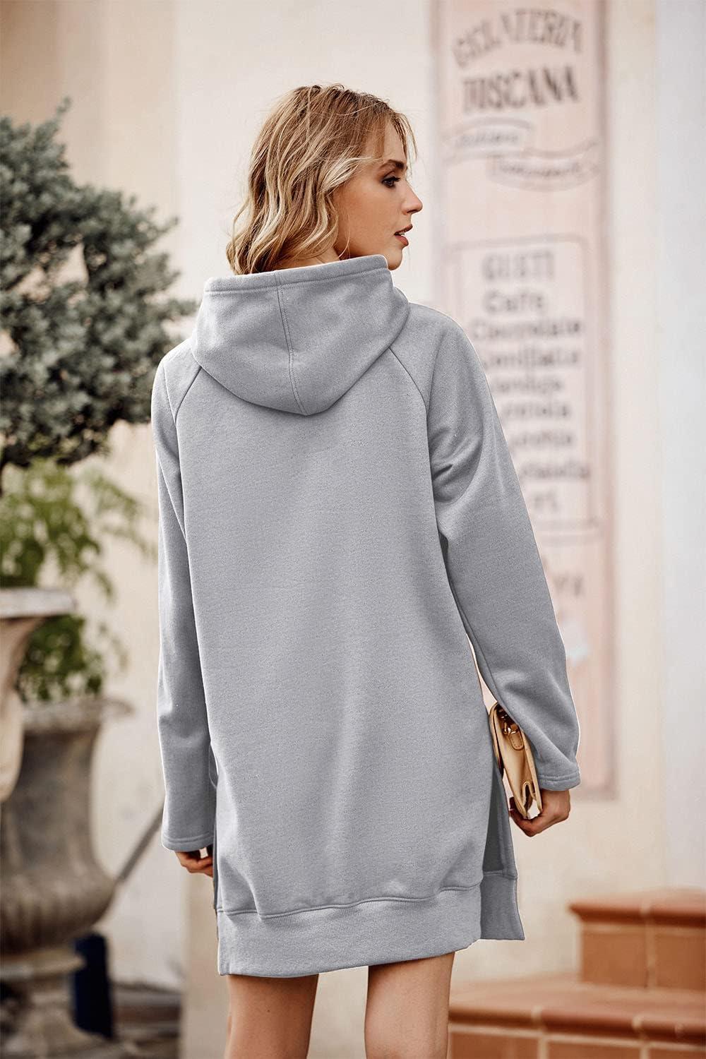 imagePRETTYGARDEN Oversized Sweatshirt for Women 2025 Fall Pullover Casual Long Sleeve Split Hem Hoodie Dress with Kangaroo PocketLight Grey