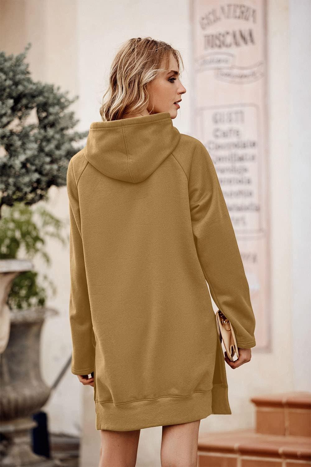 imagePRETTYGARDEN Oversized Sweatshirt for Women 2025 Fall Pullover Casual Long Sleeve Split Hem Hoodie Dress with Kangaroo PocketLight Khaki