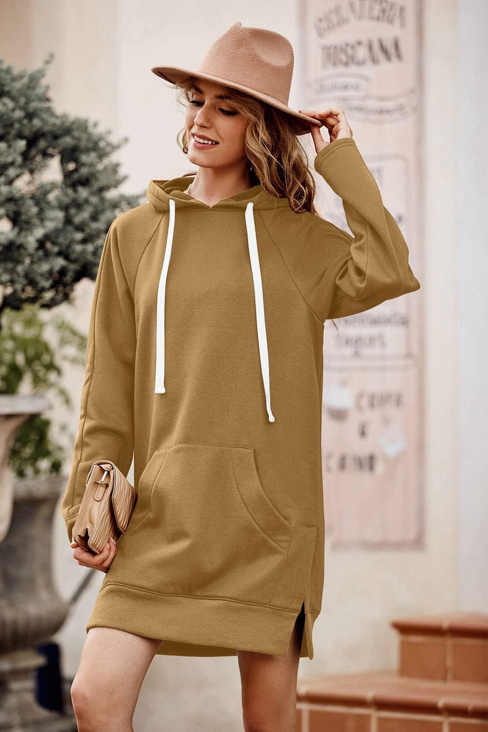imagePRETTYGARDEN Oversized Sweatshirt for Women 2025 Fall Pullover Casual Long Sleeve Split Hem Hoodie Dress with Kangaroo PocketLight Khaki