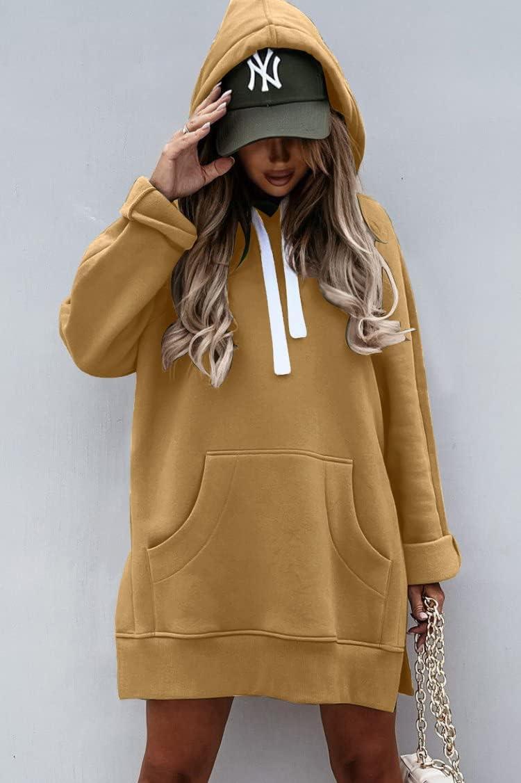 imagePRETTYGARDEN Oversized Sweatshirt for Women 2025 Fall Pullover Casual Long Sleeve Split Hem Hoodie Dress with Kangaroo PocketLight Khaki