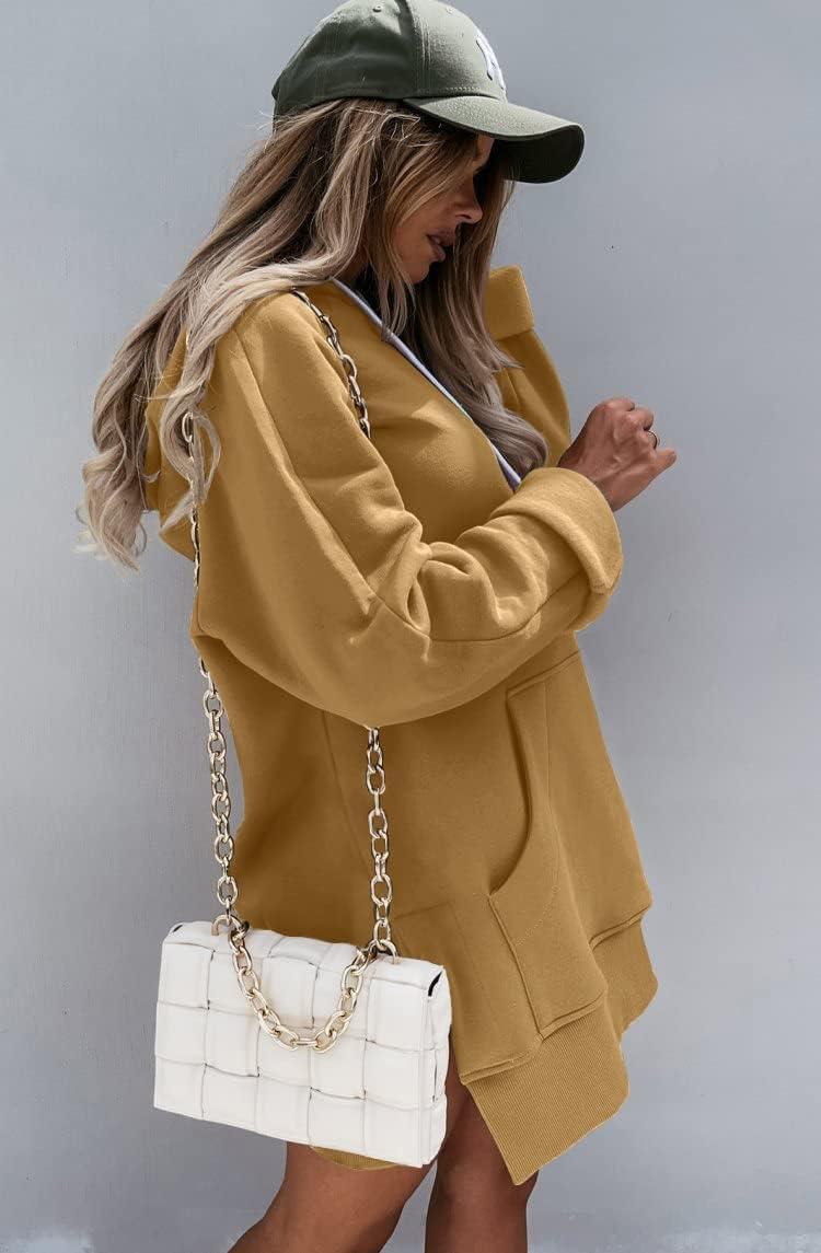 imagePRETTYGARDEN Oversized Sweatshirt for Women 2025 Fall Pullover Casual Long Sleeve Split Hem Hoodie Dress with Kangaroo PocketLight Khaki