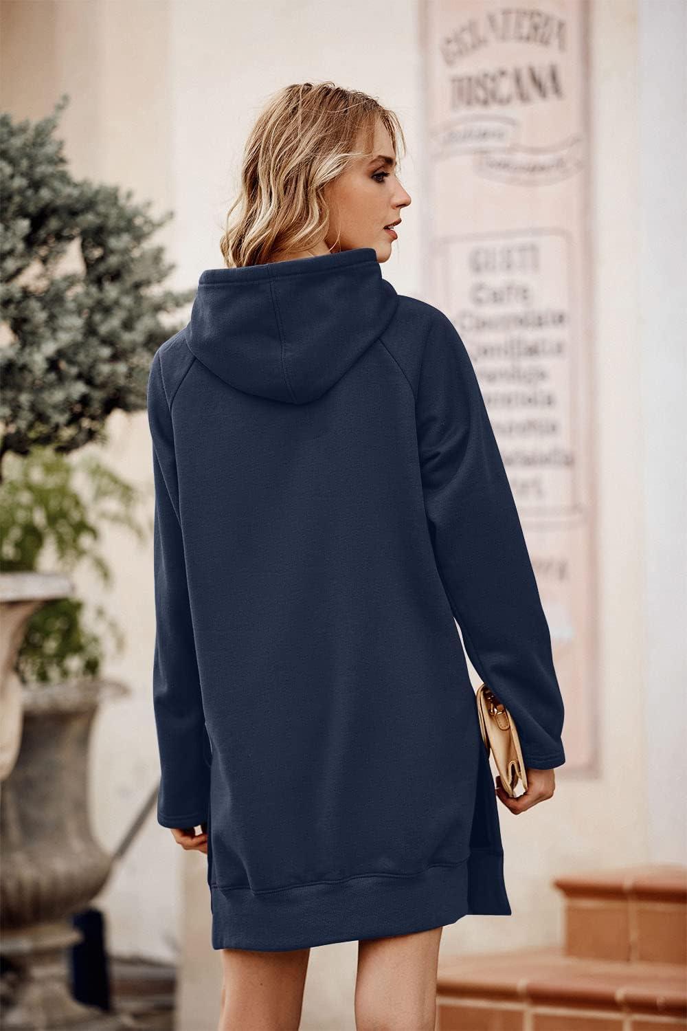 imagePRETTYGARDEN Oversized Sweatshirt for Women 2025 Fall Pullover Casual Long Sleeve Split Hem Hoodie Dress with Kangaroo PocketNavy