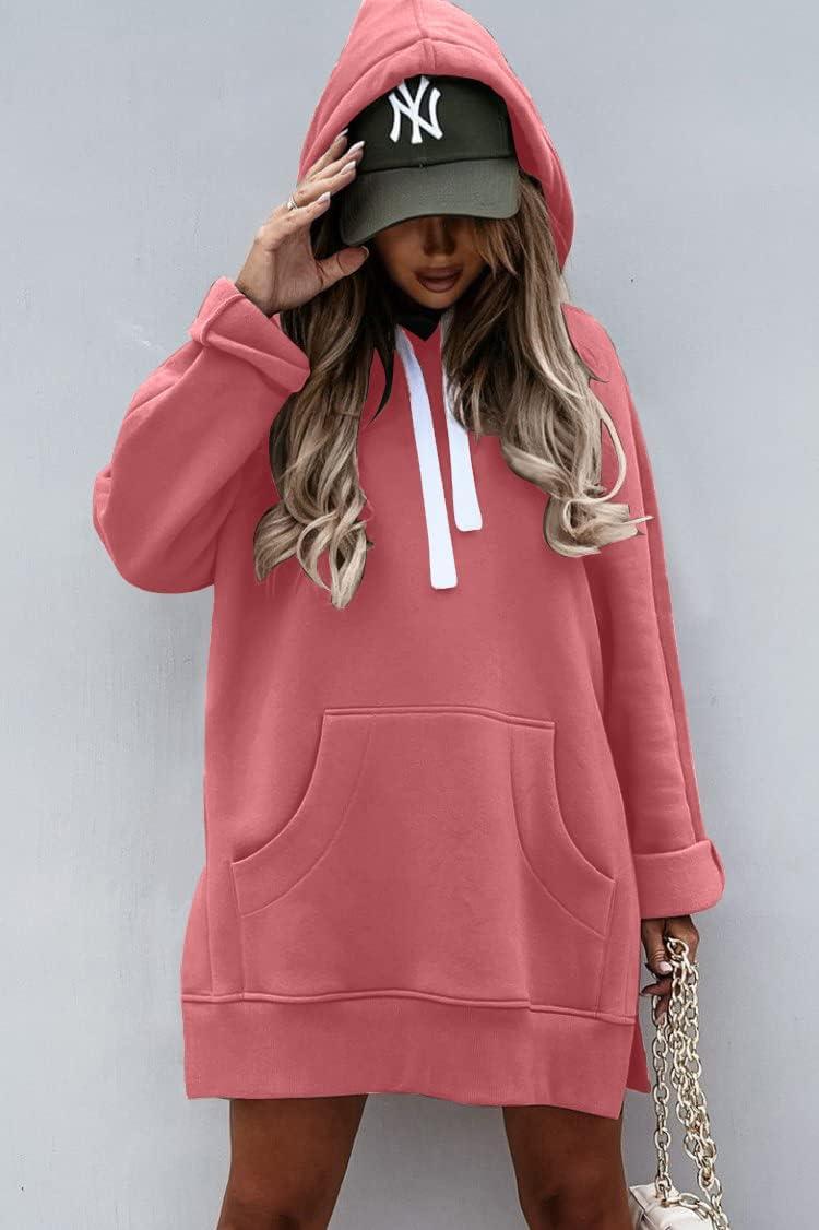 imagePRETTYGARDEN Oversized Sweatshirt for Women 2025 Fall Pullover Casual Long Sleeve Split Hem Hoodie Dress with Kangaroo PocketPink