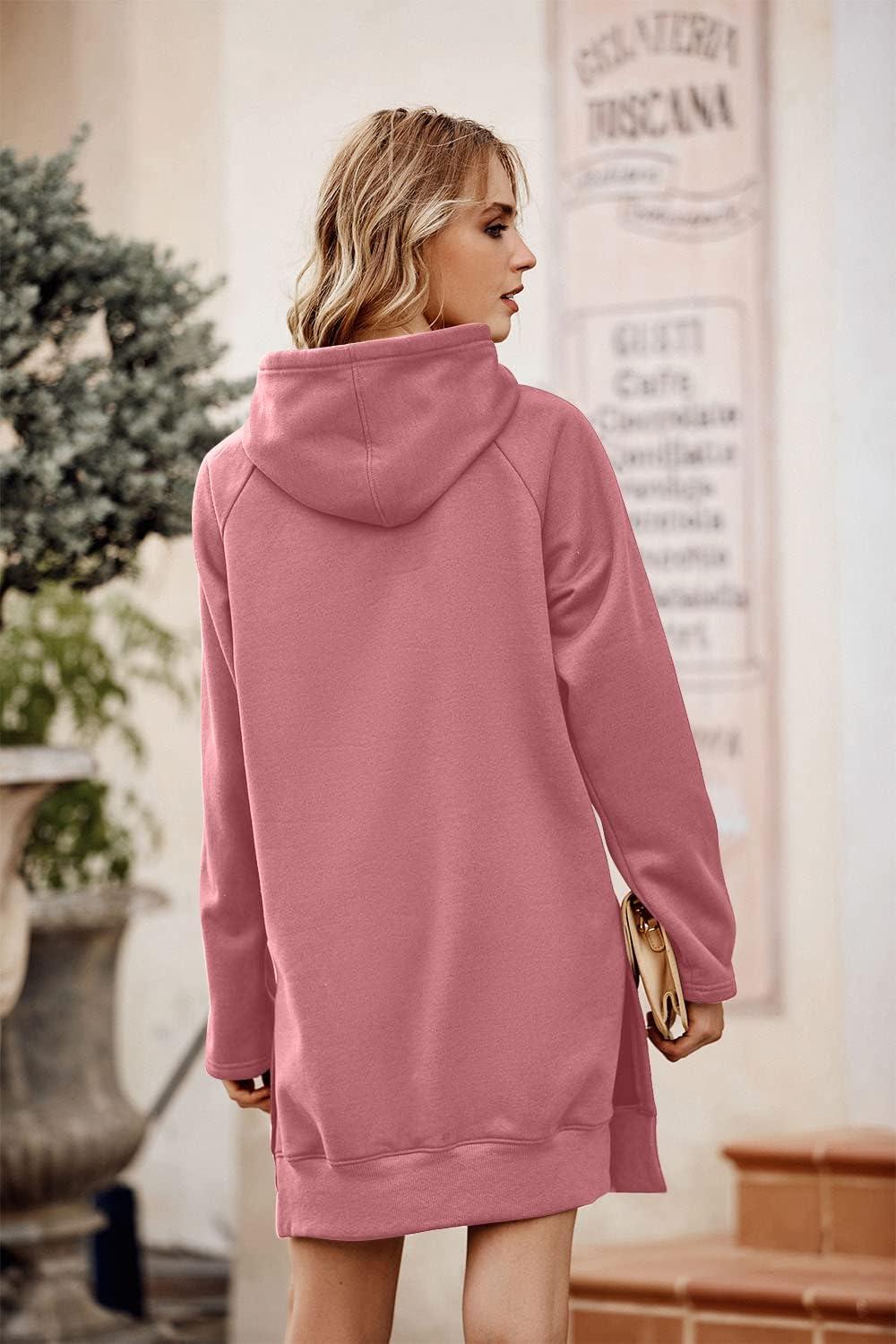 imagePRETTYGARDEN Oversized Sweatshirt for Women 2025 Fall Pullover Casual Long Sleeve Split Hem Hoodie Dress with Kangaroo PocketPink