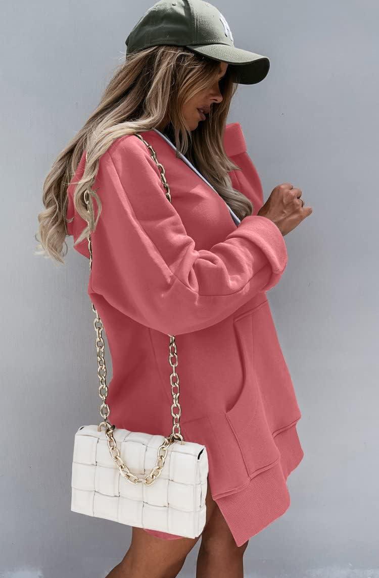 imagePRETTYGARDEN Oversized Sweatshirt for Women 2025 Fall Pullover Casual Long Sleeve Split Hem Hoodie Dress with Kangaroo PocketPink