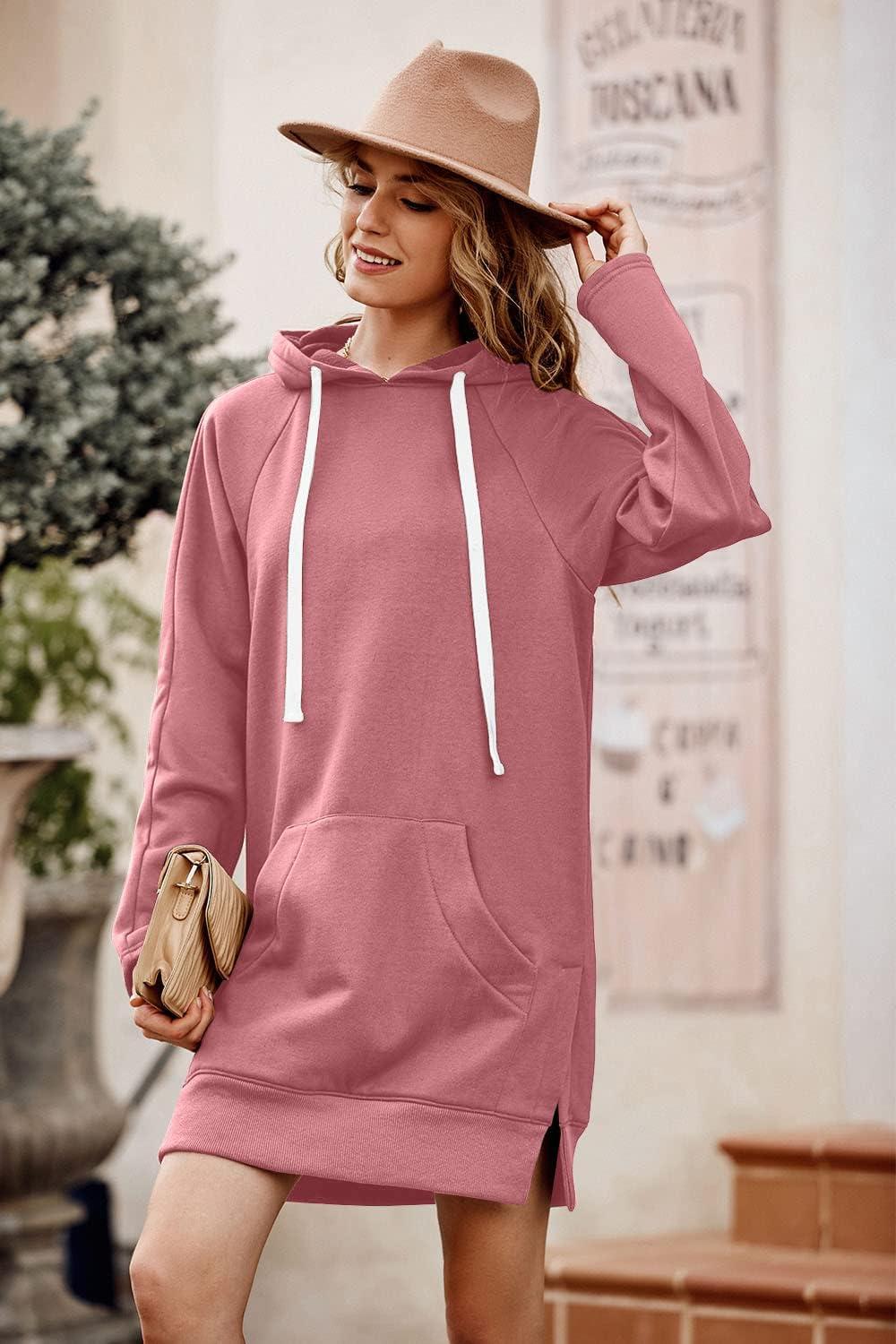 imagePRETTYGARDEN Oversized Sweatshirt for Women 2025 Fall Pullover Casual Long Sleeve Split Hem Hoodie Dress with Kangaroo PocketPink