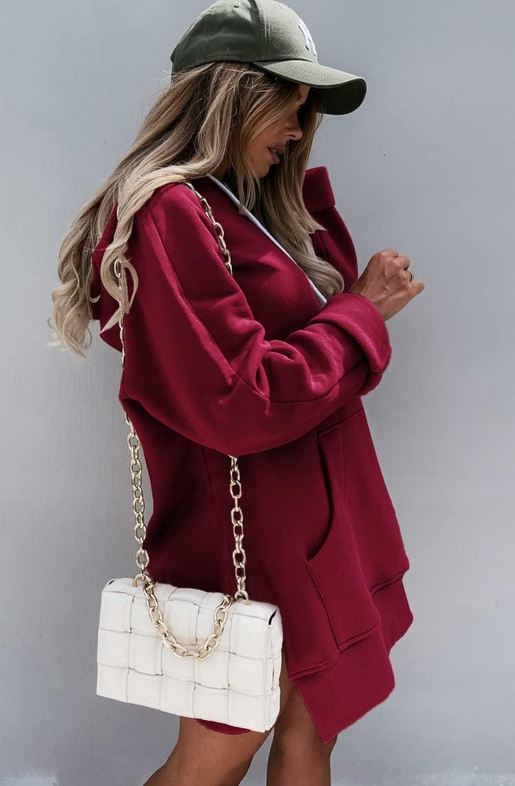 imagePRETTYGARDEN Oversized Sweatshirt for Women 2025 Fall Pullover Casual Long Sleeve Split Hem Hoodie Dress with Kangaroo PocketWine Red