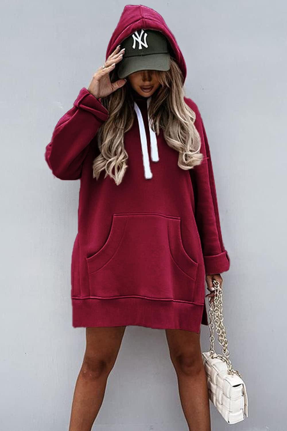 imagePRETTYGARDEN Oversized Sweatshirt for Women 2025 Fall Pullover Casual Long Sleeve Split Hem Hoodie Dress with Kangaroo PocketWine Red