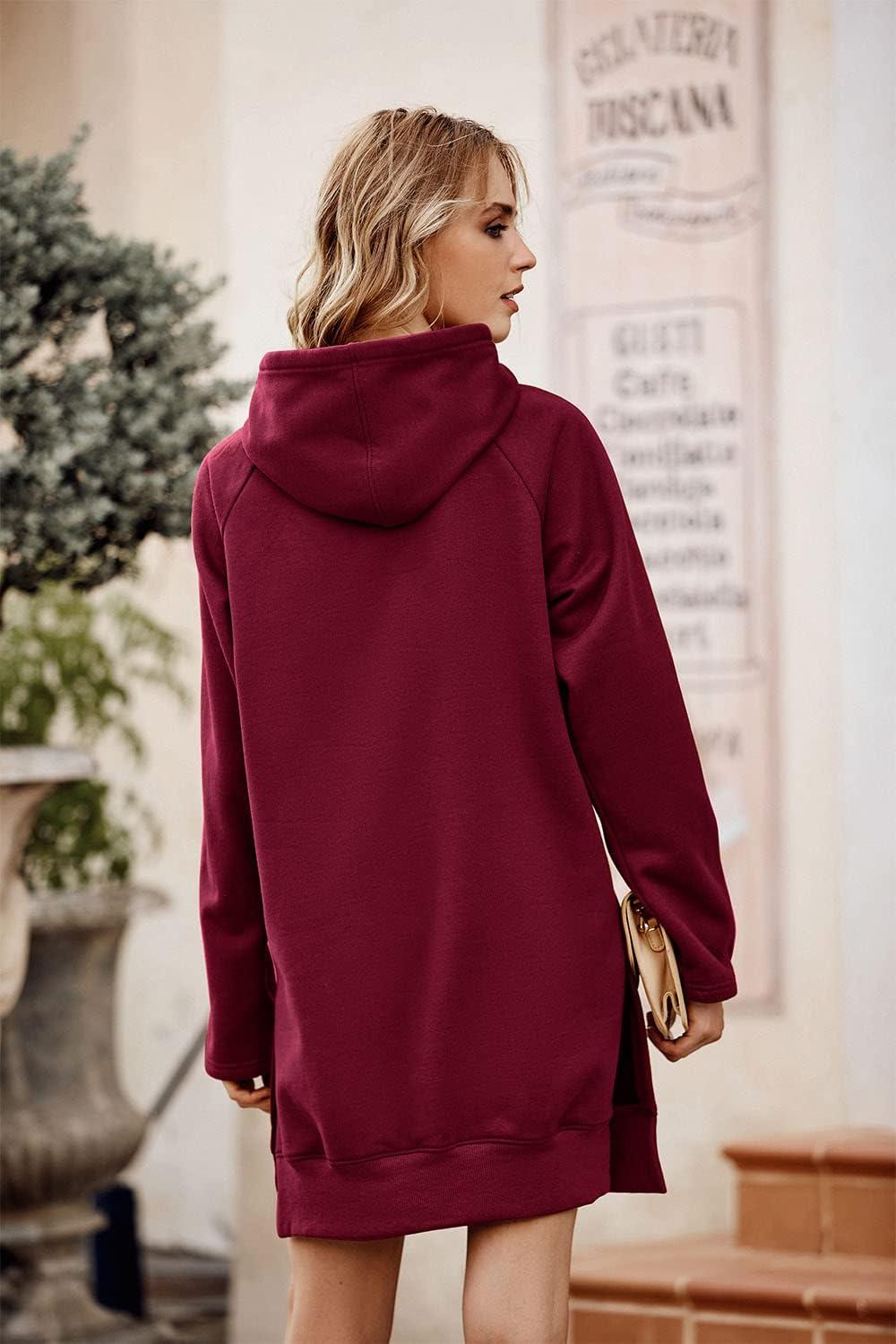 imagePRETTYGARDEN Oversized Sweatshirt for Women 2025 Fall Pullover Casual Long Sleeve Split Hem Hoodie Dress with Kangaroo PocketWine Red