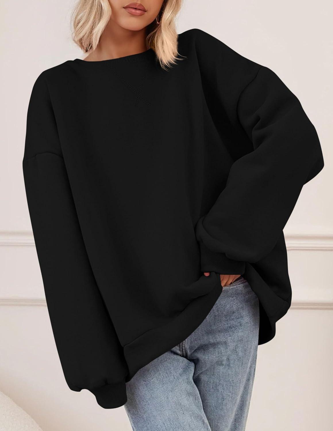 imagePRETTYGARDEN Oversized Sweatshirt for Women Fall Outfits 2025 Crewneck Long Sleeve Tops Fleece Pullover Winter ClothingBlack