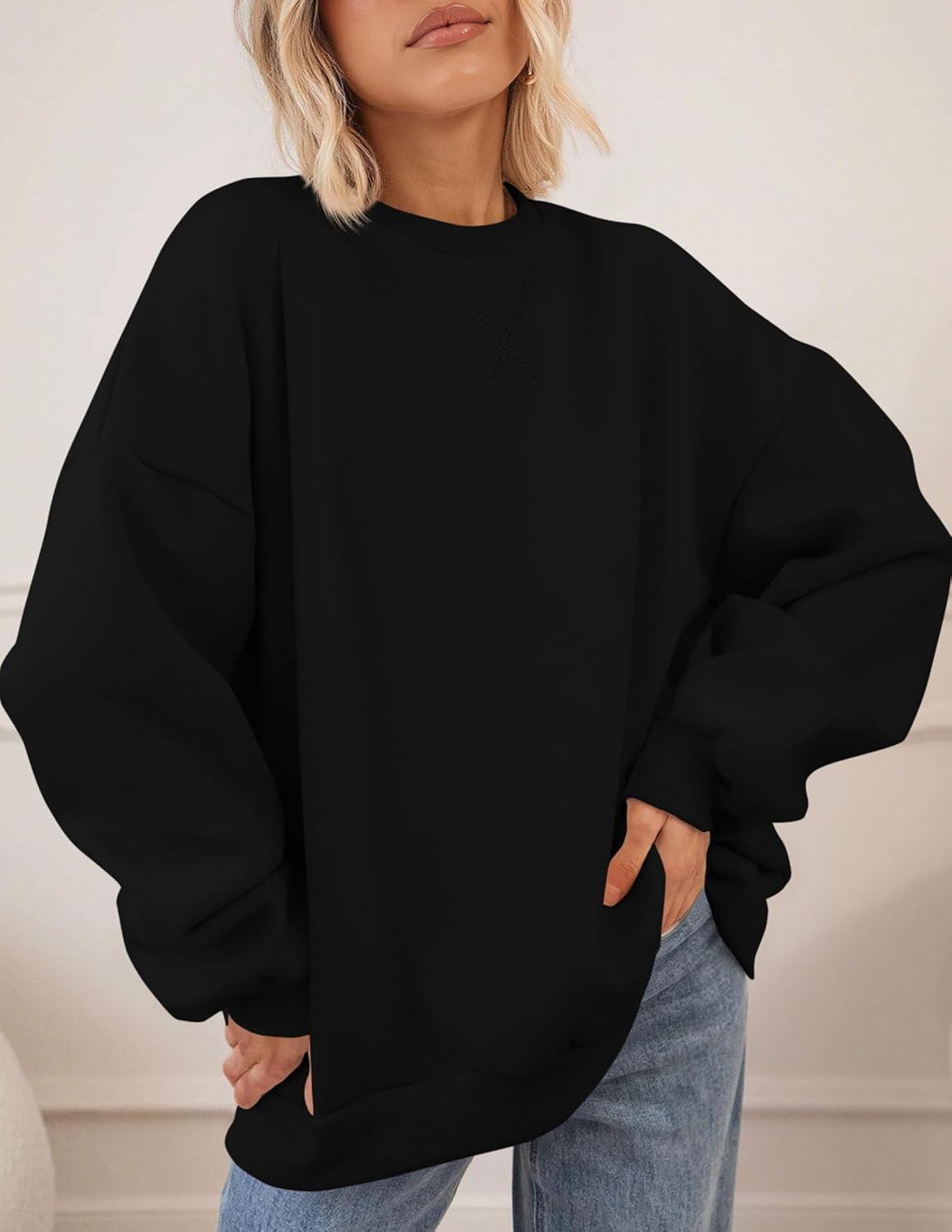 imagePRETTYGARDEN Oversized Sweatshirt for Women Fall Outfits 2025 Crewneck Long Sleeve Tops Fleece Pullover Winter ClothingBlack