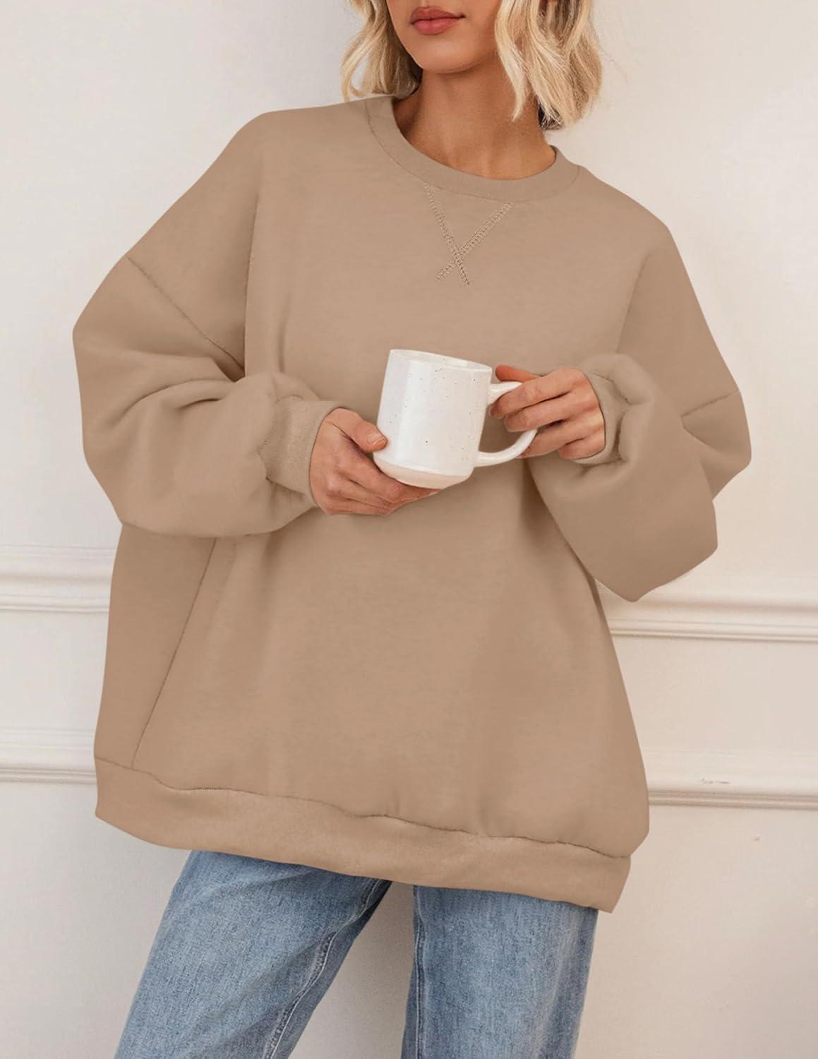 imagePRETTYGARDEN Oversized Sweatshirt for Women Fall Outfits 2025 Crewneck Long Sleeve Tops Fleece Pullover Winter ClothingCoffee