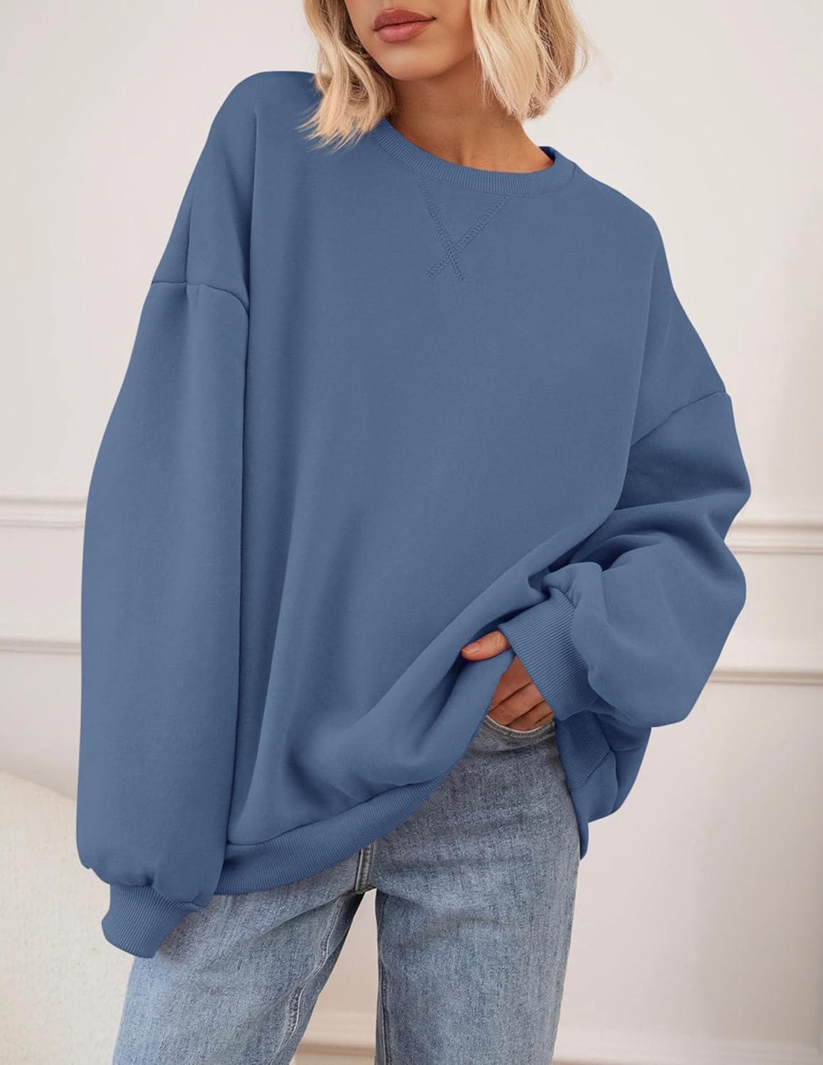 imagePRETTYGARDEN Oversized Sweatshirt for Women Fall Outfits 2025 Crewneck Long Sleeve Tops Fleece Pullover Winter ClothingGrey Blue