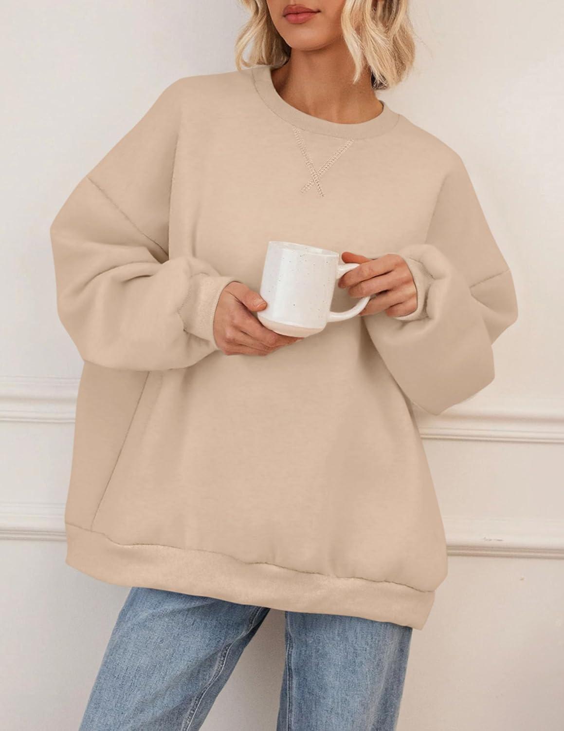 imagePRETTYGARDEN Oversized Sweatshirt for Women Fall Outfits 2025 Crewneck Long Sleeve Tops Fleece Pullover Winter ClothingKhaki