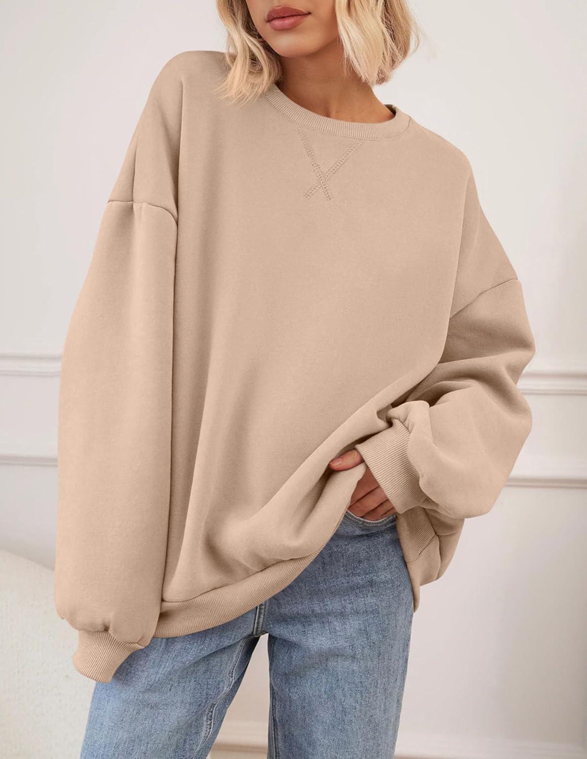 imagePRETTYGARDEN Oversized Sweatshirt for Women Fall Outfits 2025 Crewneck Long Sleeve Tops Fleece Pullover Winter ClothingKhaki