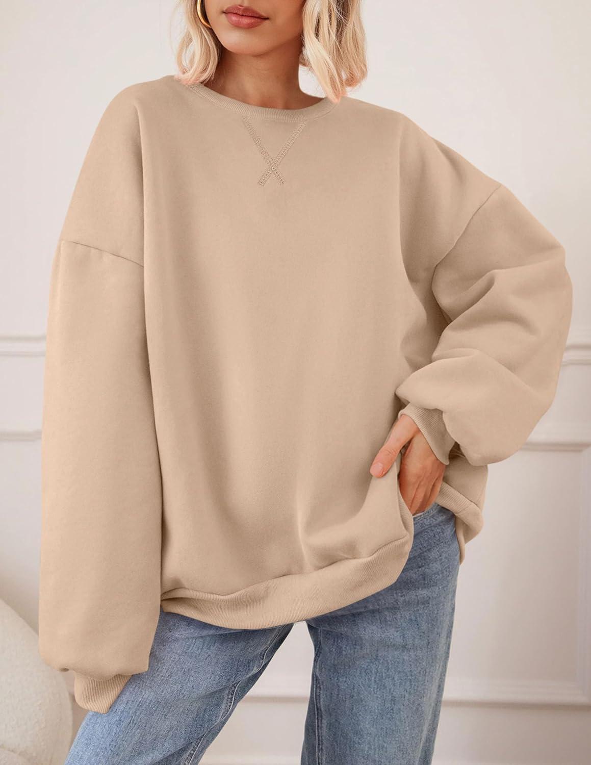 imagePRETTYGARDEN Oversized Sweatshirt for Women Fall Outfits 2025 Crewneck Long Sleeve Tops Fleece Pullover Winter ClothingKhaki