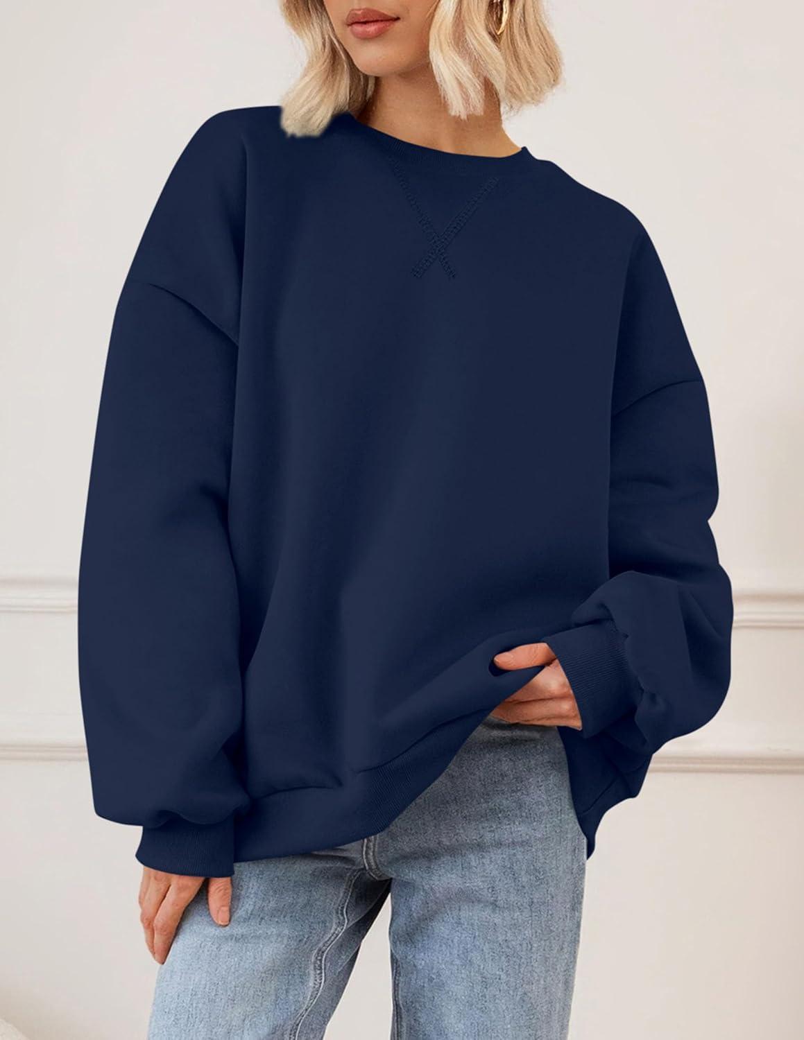 imagePRETTYGARDEN Oversized Sweatshirt for Women Fall Outfits 2025 Crewneck Long Sleeve Tops Fleece Pullover Winter ClothingNavy Blue