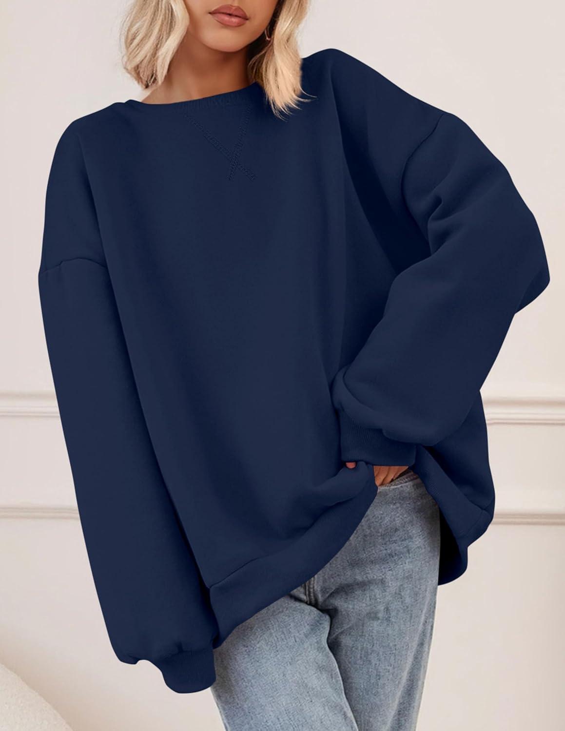 imagePRETTYGARDEN Oversized Sweatshirt for Women Fall Outfits 2025 Crewneck Long Sleeve Tops Fleece Pullover Winter ClothingNavy Blue