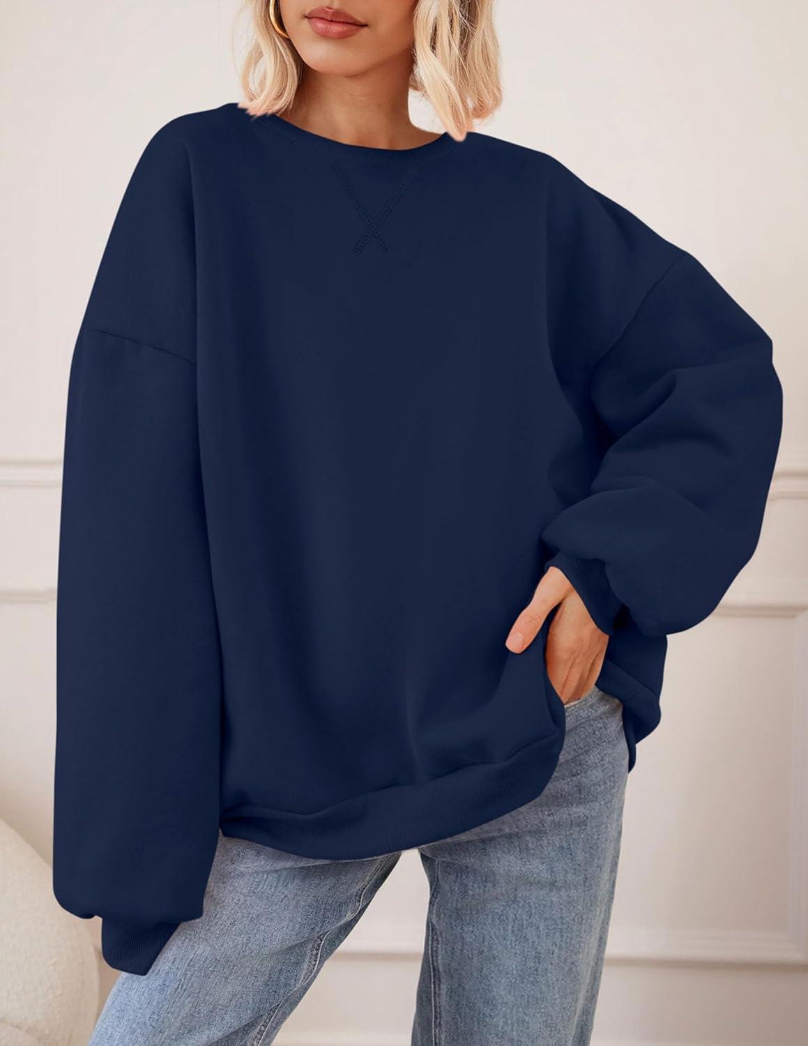imagePRETTYGARDEN Oversized Sweatshirt for Women Fall Outfits 2025 Crewneck Long Sleeve Tops Fleece Pullover Winter ClothingNavy Blue