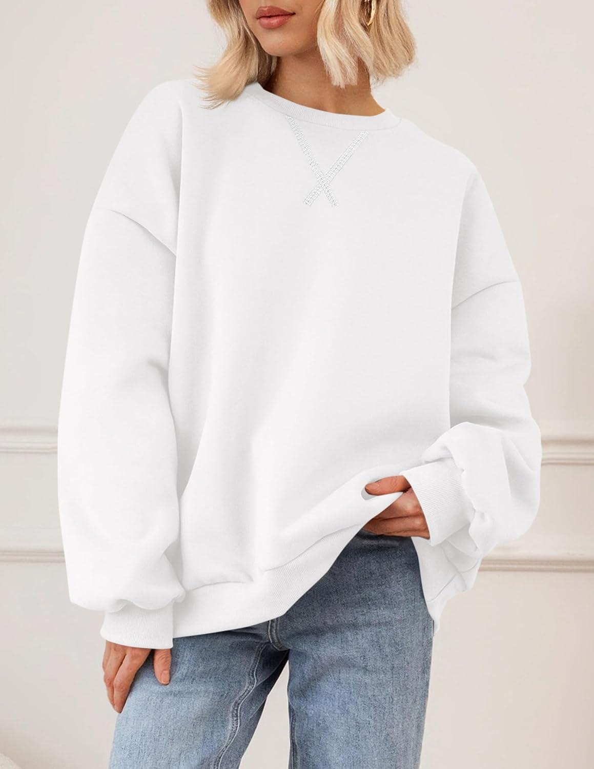 imagePRETTYGARDEN Oversized Sweatshirt for Women Fall Outfits 2025 Crewneck Long Sleeve Tops Fleece Pullover Winter ClothingWhite