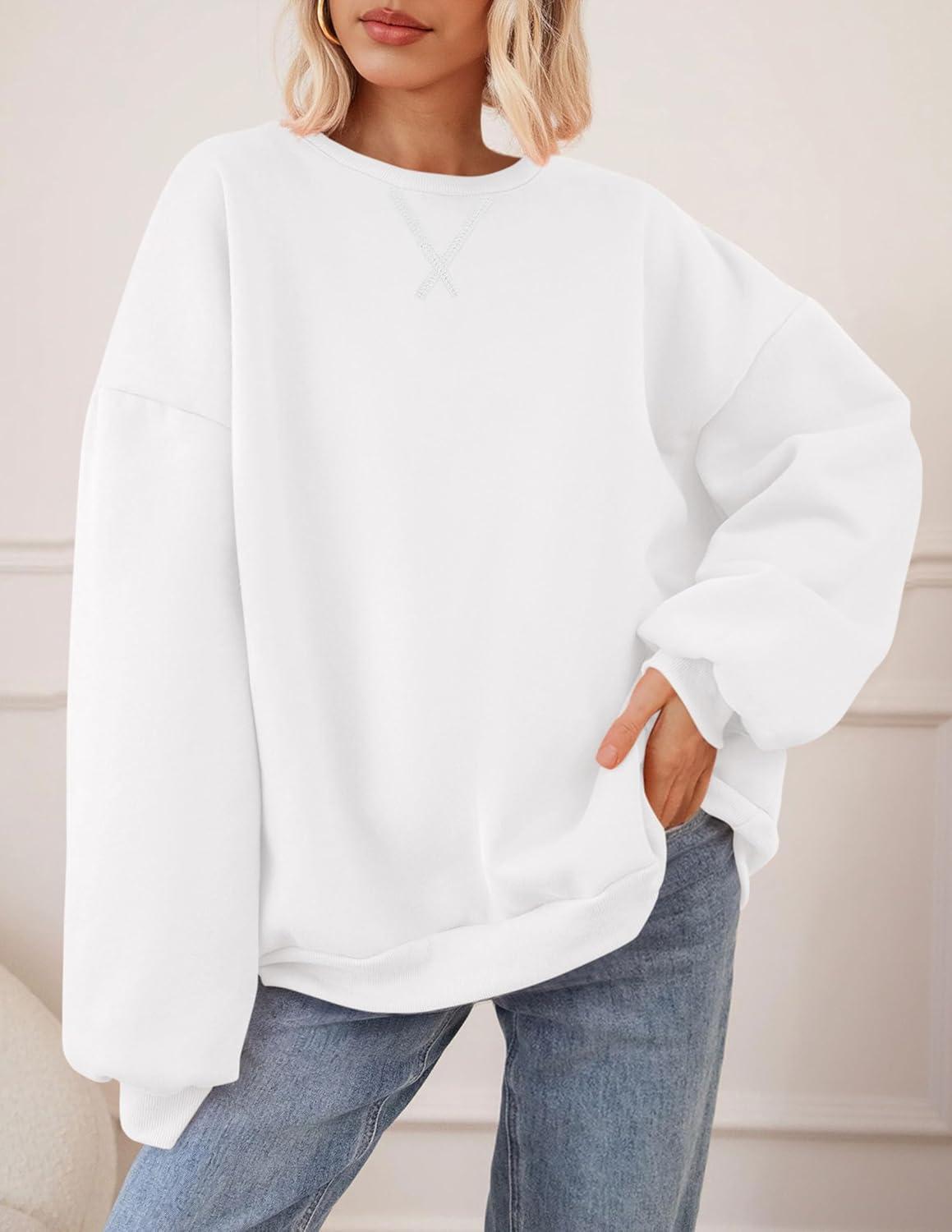 imagePRETTYGARDEN Oversized Sweatshirt for Women Fall Outfits 2025 Crewneck Long Sleeve Tops Fleece Pullover Winter ClothingWhite