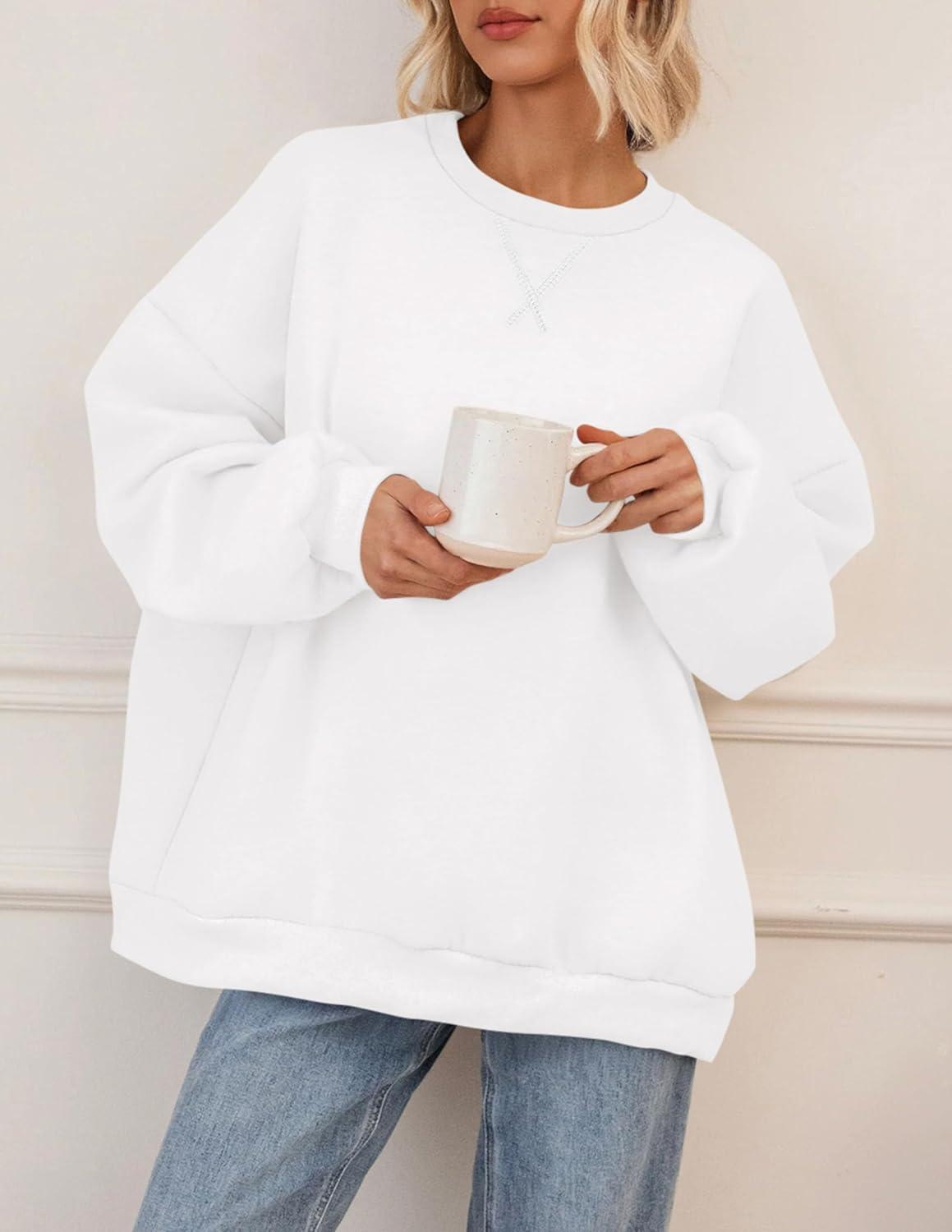 imagePRETTYGARDEN Oversized Sweatshirt for Women Fall Outfits 2025 Crewneck Long Sleeve Tops Fleece Pullover Winter ClothingWhite