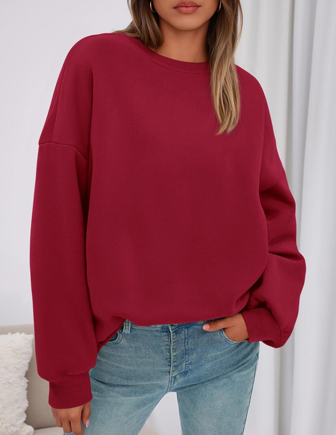 imagePRETTYGARDEN Sweatshirt for Women Oversized Crewneck Long Sleeve Pullover Fleece Top 2025 Fall Winter Fashion Outfits ClothesRed