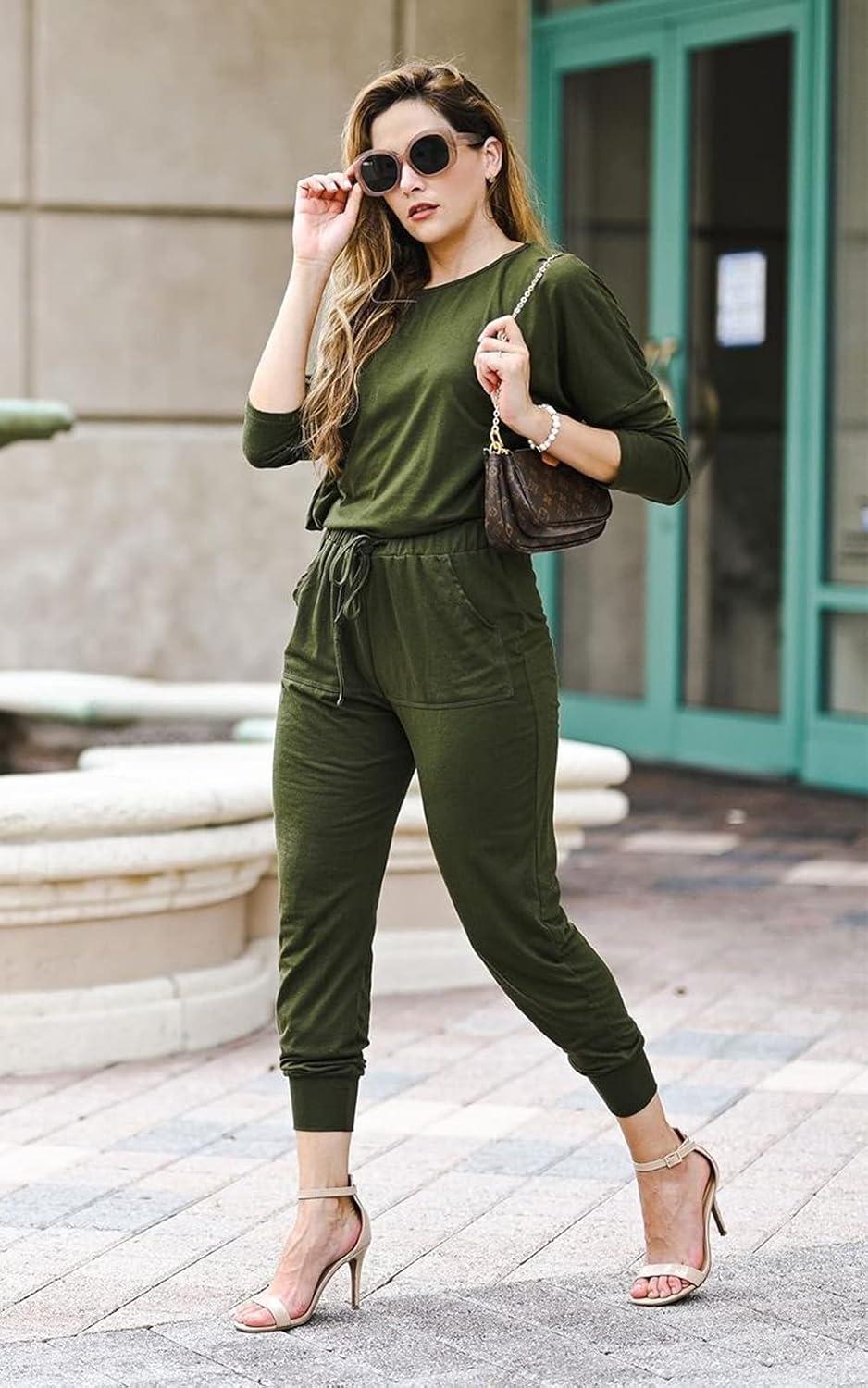 imagePRETTYGARDEN Women Fall 2 Piece Lounge Outfit Long Sleeve Tops High Waisted Jogger Pants Set Spring Travel Clothes TracksuitArmy Green