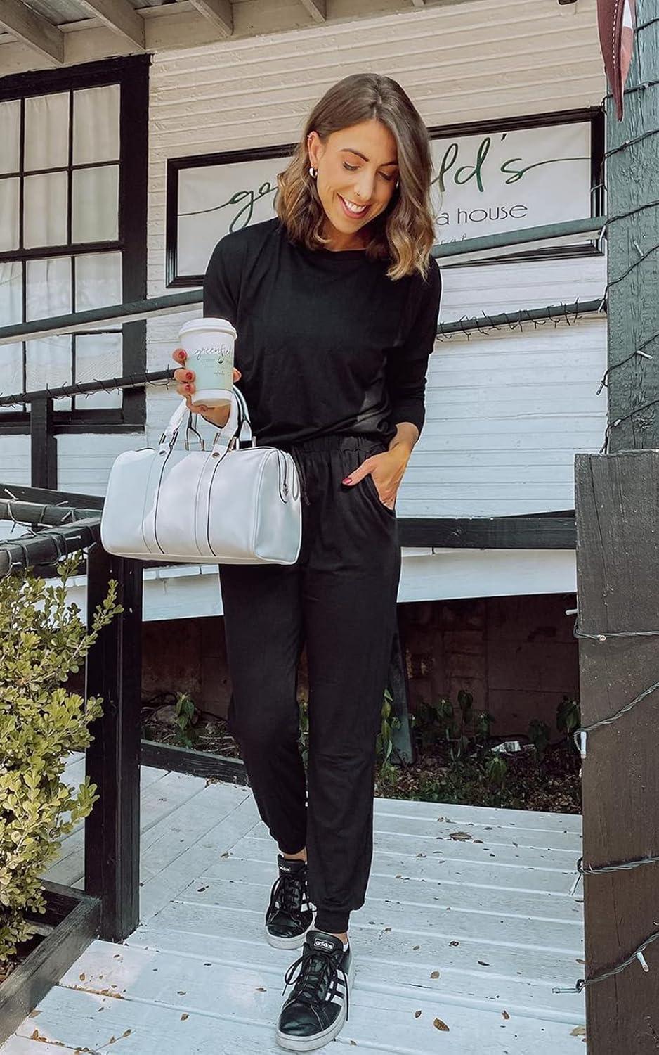 imagePRETTYGARDEN Women Fall 2 Piece Lounge Outfit Long Sleeve Tops High Waisted Jogger Pants Set Spring Travel Clothes TracksuitBlack