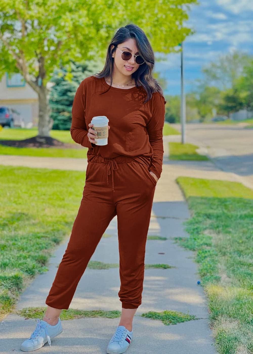 imagePRETTYGARDEN Women Fall 2 Piece Lounge Outfit Long Sleeve Tops High Waisted Jogger Pants Set Spring Travel Clothes TracksuitBrick Red