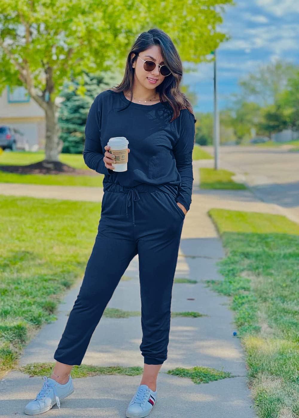 imagePRETTYGARDEN Women Fall 2 Piece Lounge Outfit Long Sleeve Tops High Waisted Jogger Pants Set Spring Travel Clothes TracksuitDark Blue