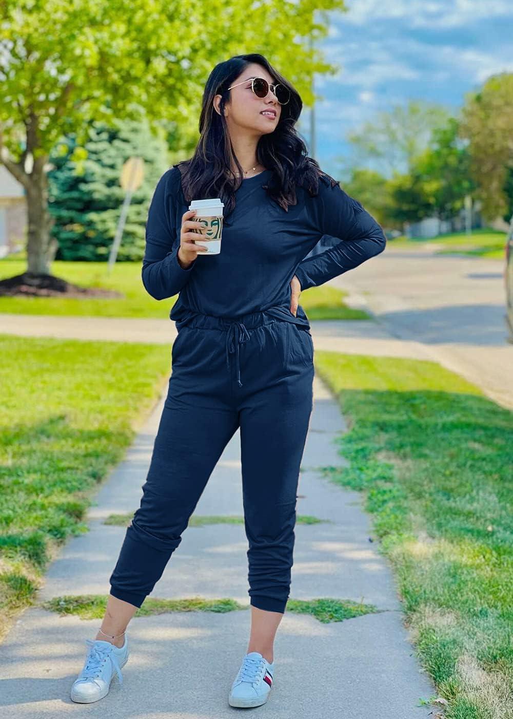 imagePRETTYGARDEN Women Fall 2 Piece Lounge Outfit Long Sleeve Tops High Waisted Jogger Pants Set Spring Travel Clothes TracksuitDark Blue