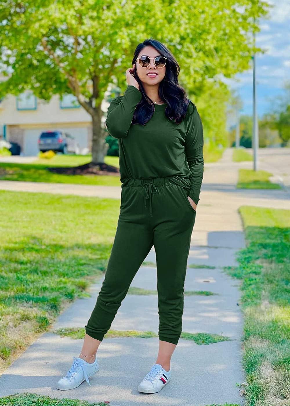 imagePRETTYGARDEN Women Fall 2 Piece Lounge Outfit Long Sleeve Tops High Waisted Jogger Pants Set Spring Travel Clothes TracksuitDark Green