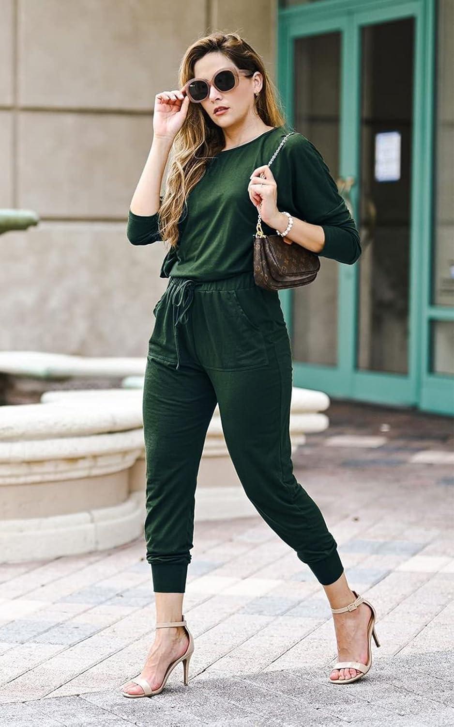 imagePRETTYGARDEN Women Fall 2 Piece Lounge Outfit Long Sleeve Tops High Waisted Jogger Pants Set Spring Travel Clothes TracksuitDark Green