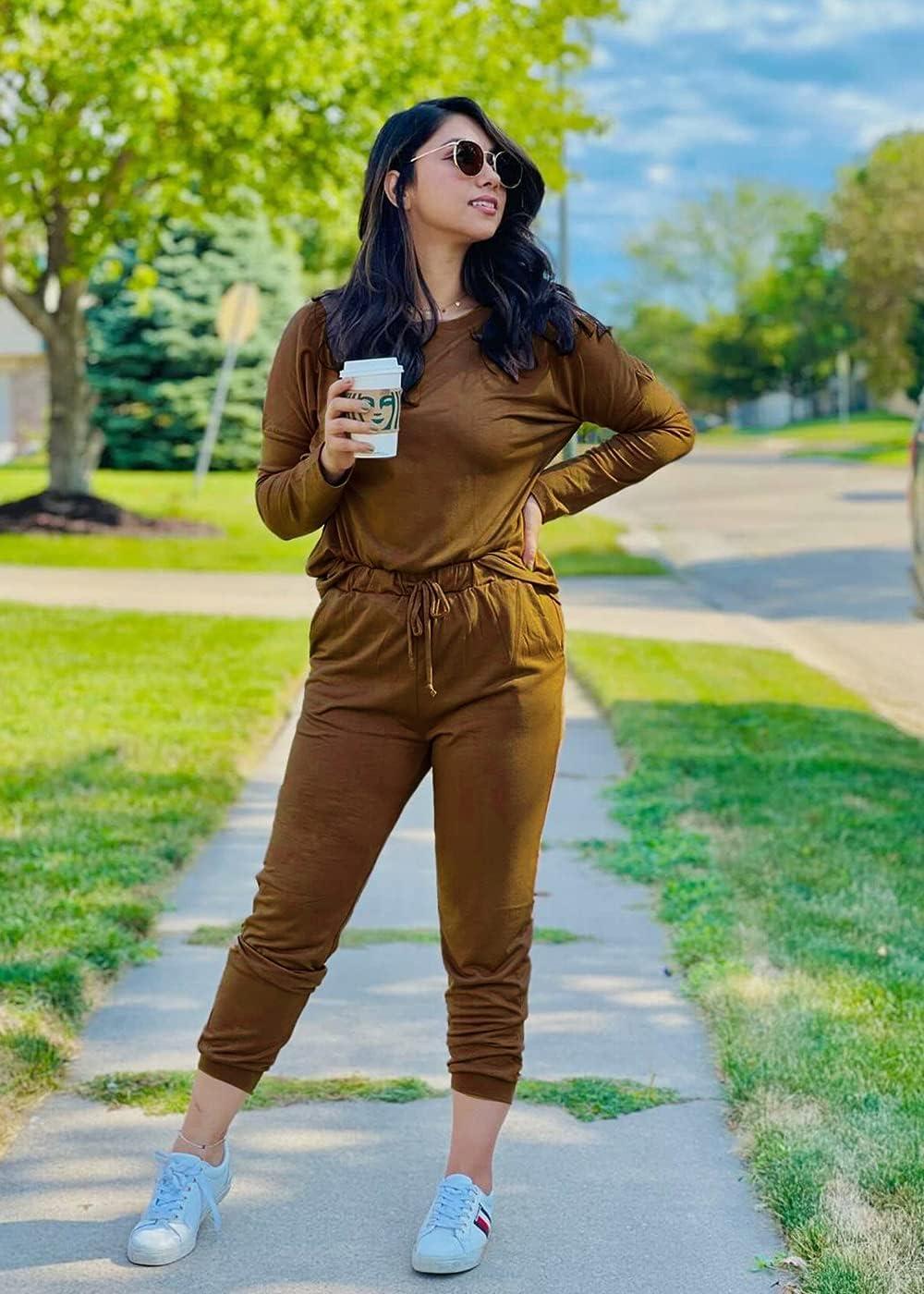 imagePRETTYGARDEN Women Fall 2 Piece Lounge Outfit Long Sleeve Tops High Waisted Jogger Pants Set Spring Travel Clothes TracksuitLight Brown