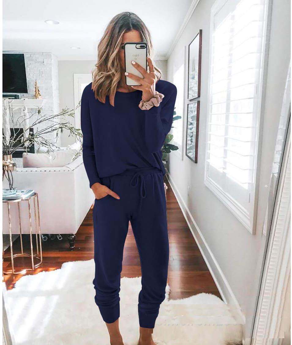 imagePRETTYGARDEN Women Fall 2 Piece Lounge Outfit Long Sleeve Tops High Waisted Jogger Pants Set Spring Travel Clothes TracksuitNavy