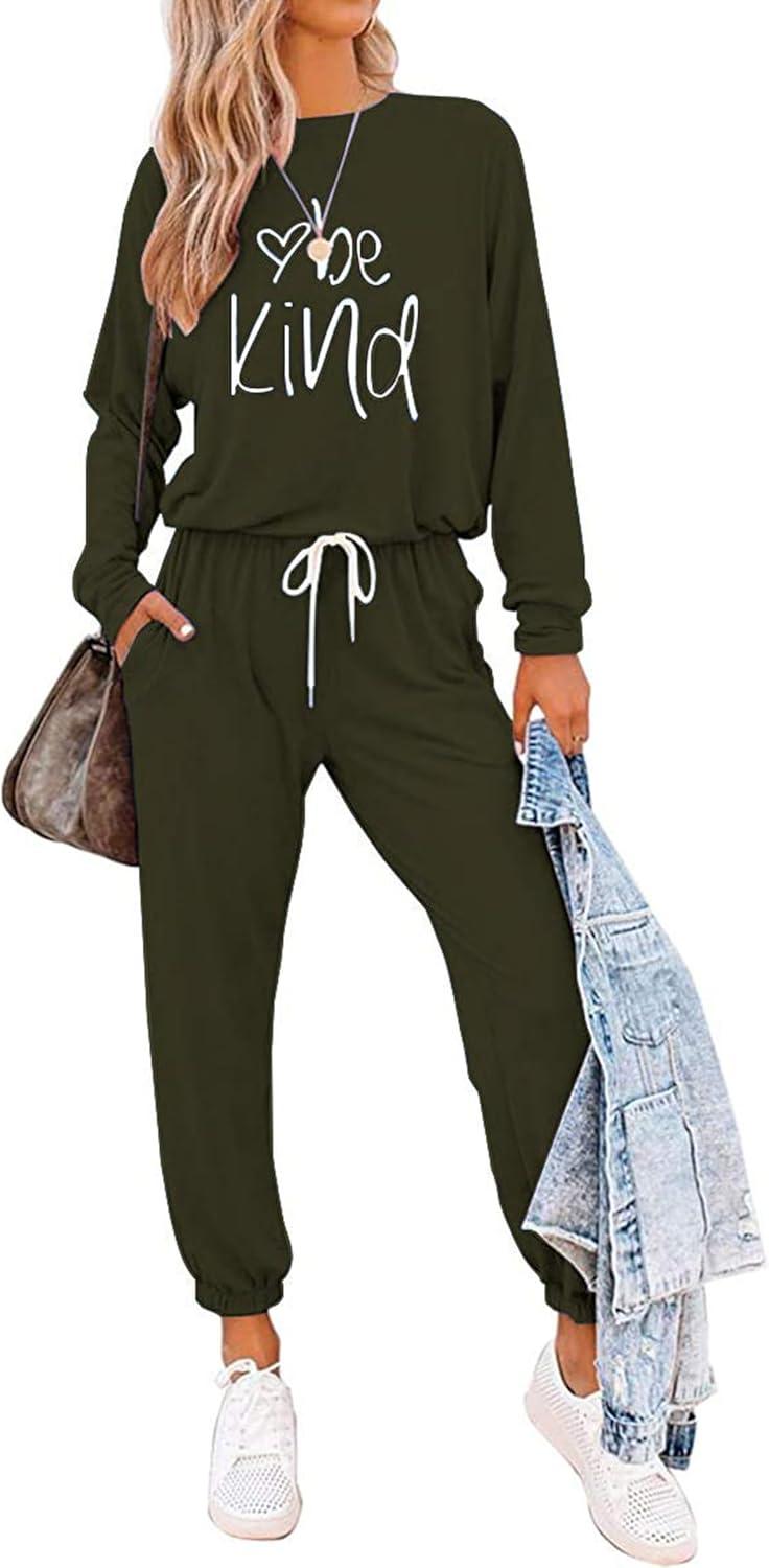 imagePRETTYGARDEN Women Fall 2 Piece Lounge Outfit Long Sleeve Tops High Waisted Jogger Pants Set Spring Travel Clothes TracksuitPatternedarmy Green