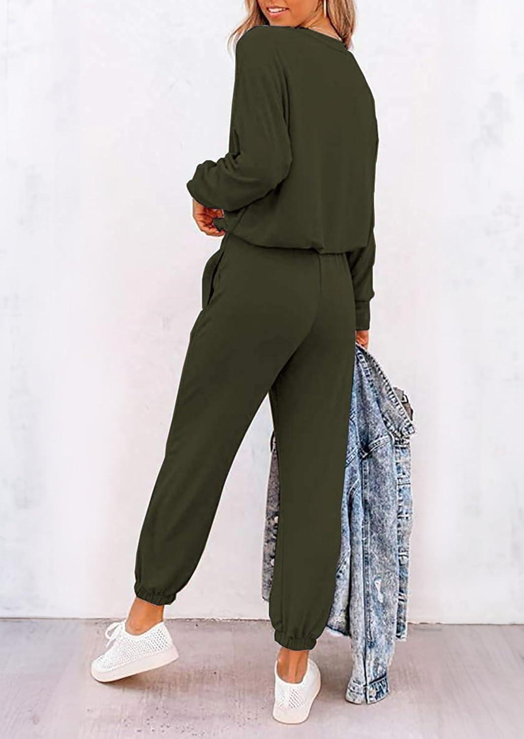 imagePRETTYGARDEN Women Fall 2 Piece Lounge Outfit Long Sleeve Tops High Waisted Jogger Pants Set Spring Travel Clothes TracksuitPatternedarmy Green