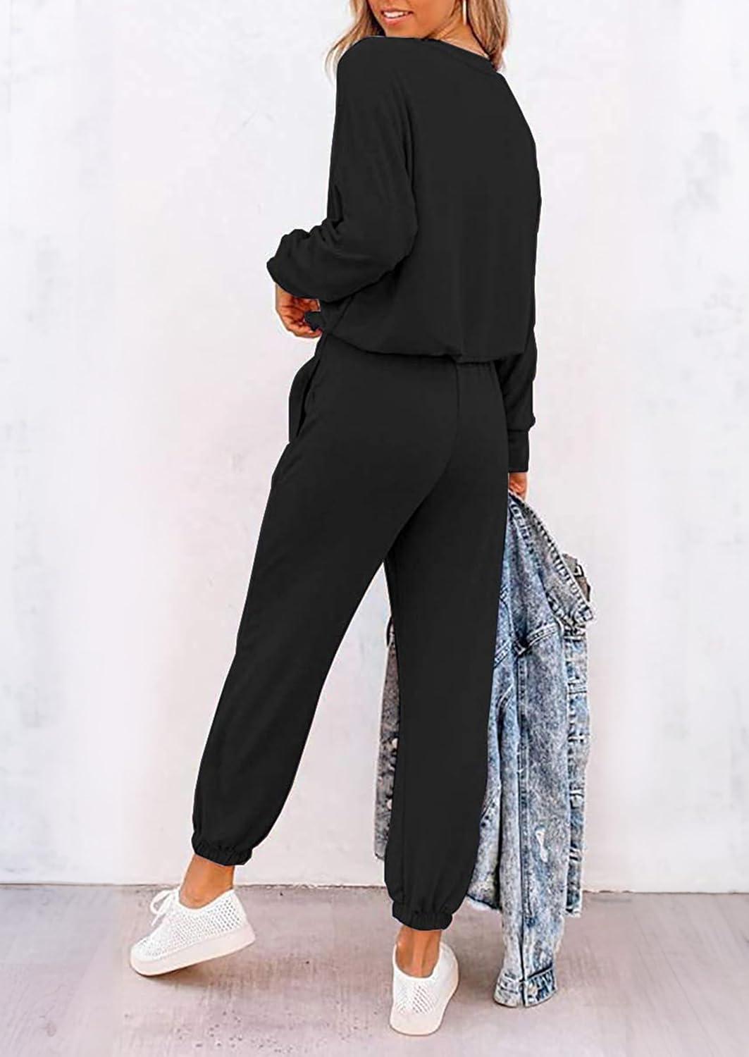 imagePRETTYGARDEN Women Fall 2 Piece Lounge Outfit Long Sleeve Tops High Waisted Jogger Pants Set Spring Travel Clothes TracksuitPatternedblack