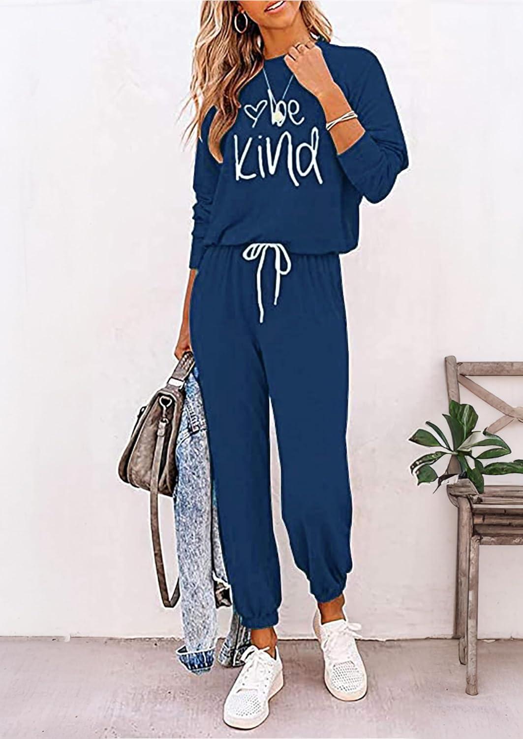 imagePRETTYGARDEN Women Fall 2 Piece Lounge Outfit Long Sleeve Tops High Waisted Jogger Pants Set Spring Travel Clothes TracksuitPatterneddark Blue