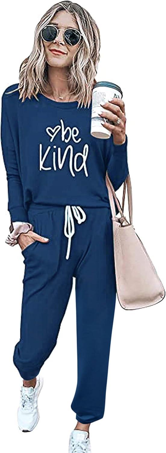 imagePRETTYGARDEN Women Fall 2 Piece Lounge Outfit Long Sleeve Tops High Waisted Jogger Pants Set Spring Travel Clothes TracksuitPatterneddark Blue