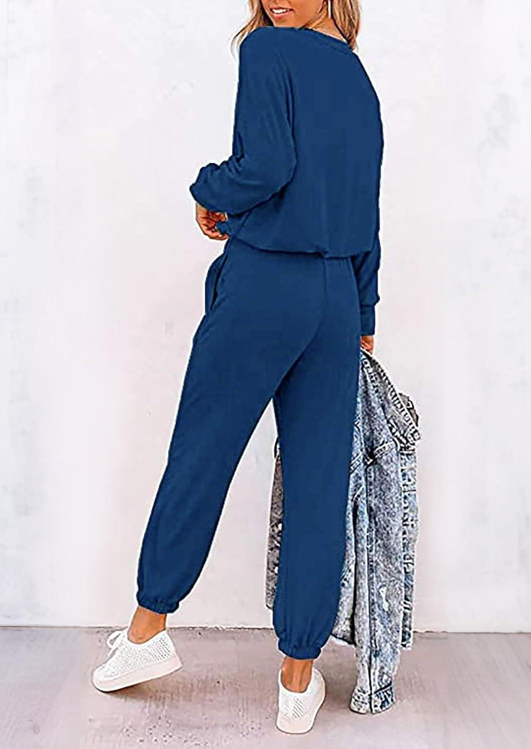 imagePRETTYGARDEN Women Fall 2 Piece Lounge Outfit Long Sleeve Tops High Waisted Jogger Pants Set Spring Travel Clothes TracksuitPatterneddark Blue