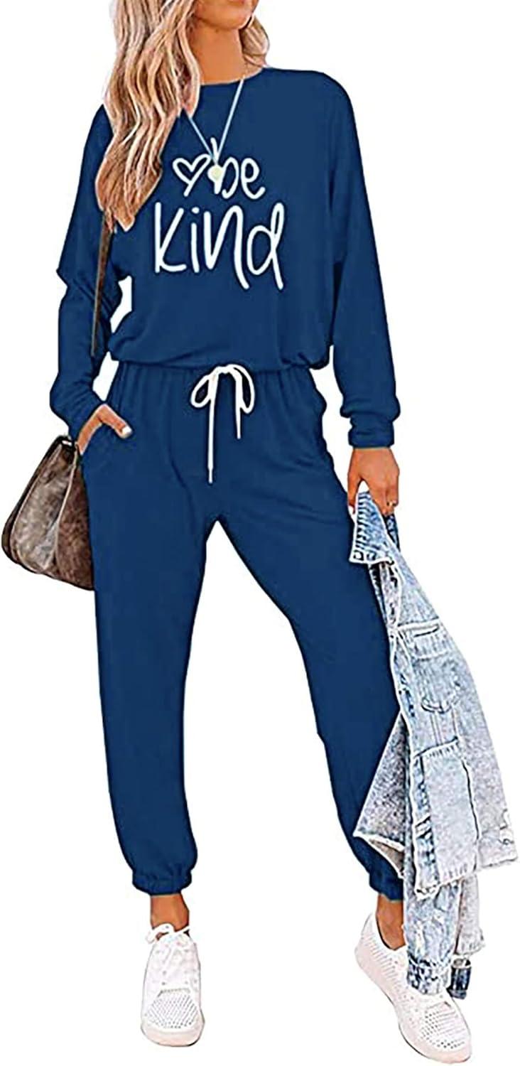 imagePRETTYGARDEN Women Fall 2 Piece Lounge Outfit Long Sleeve Tops High Waisted Jogger Pants Set Spring Travel Clothes TracksuitPatterneddark Blue