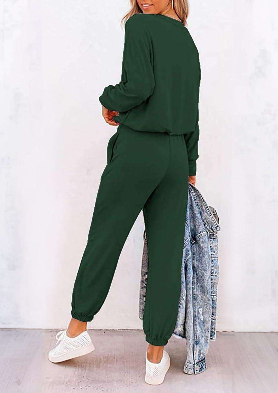imagePRETTYGARDEN Women Fall 2 Piece Lounge Outfit Long Sleeve Tops High Waisted Jogger Pants Set Spring Travel Clothes TracksuitPatterneddark Green