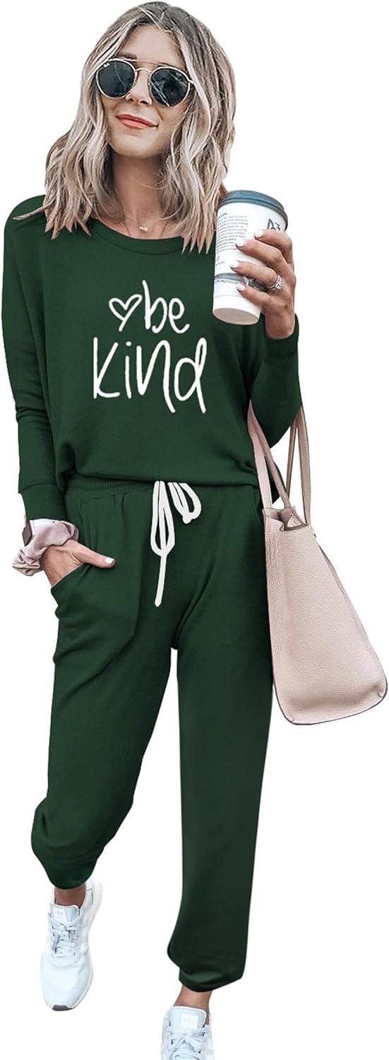 imagePRETTYGARDEN Women Fall 2 Piece Lounge Outfit Long Sleeve Tops High Waisted Jogger Pants Set Spring Travel Clothes TracksuitPatterneddark Green