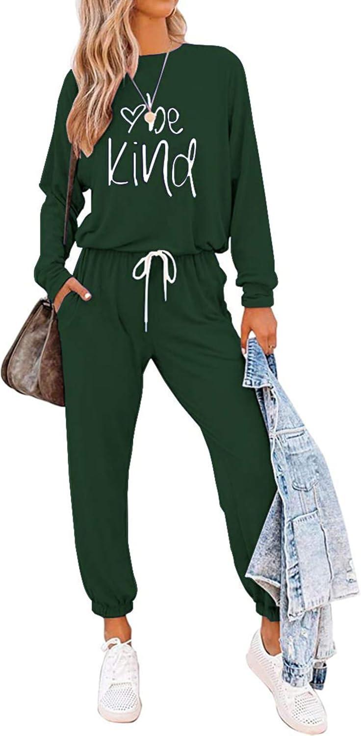 imagePRETTYGARDEN Women Fall 2 Piece Lounge Outfit Long Sleeve Tops High Waisted Jogger Pants Set Spring Travel Clothes TracksuitPatterneddark Green