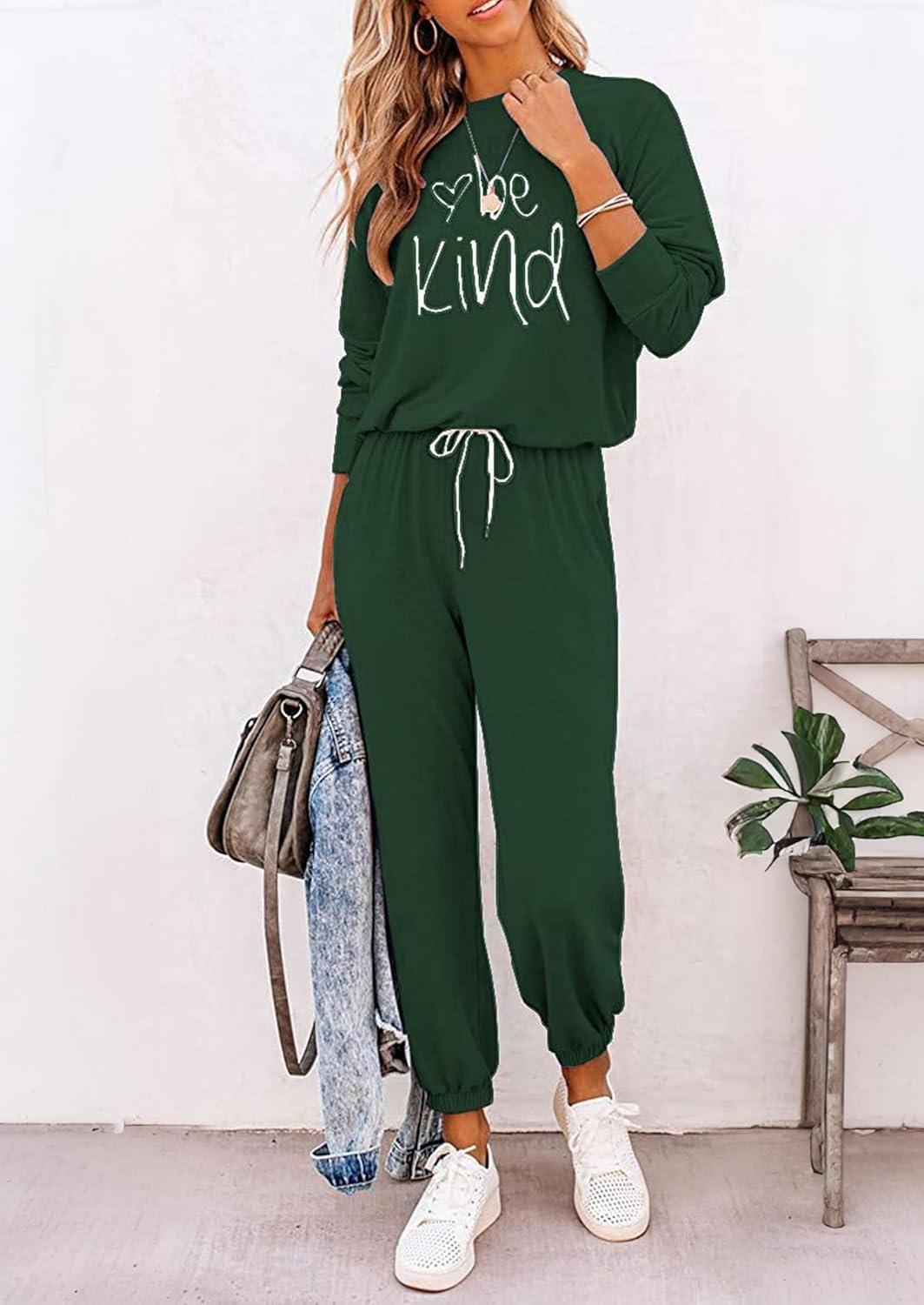 imagePRETTYGARDEN Women Fall 2 Piece Lounge Outfit Long Sleeve Tops High Waisted Jogger Pants Set Spring Travel Clothes TracksuitPatterneddark Green